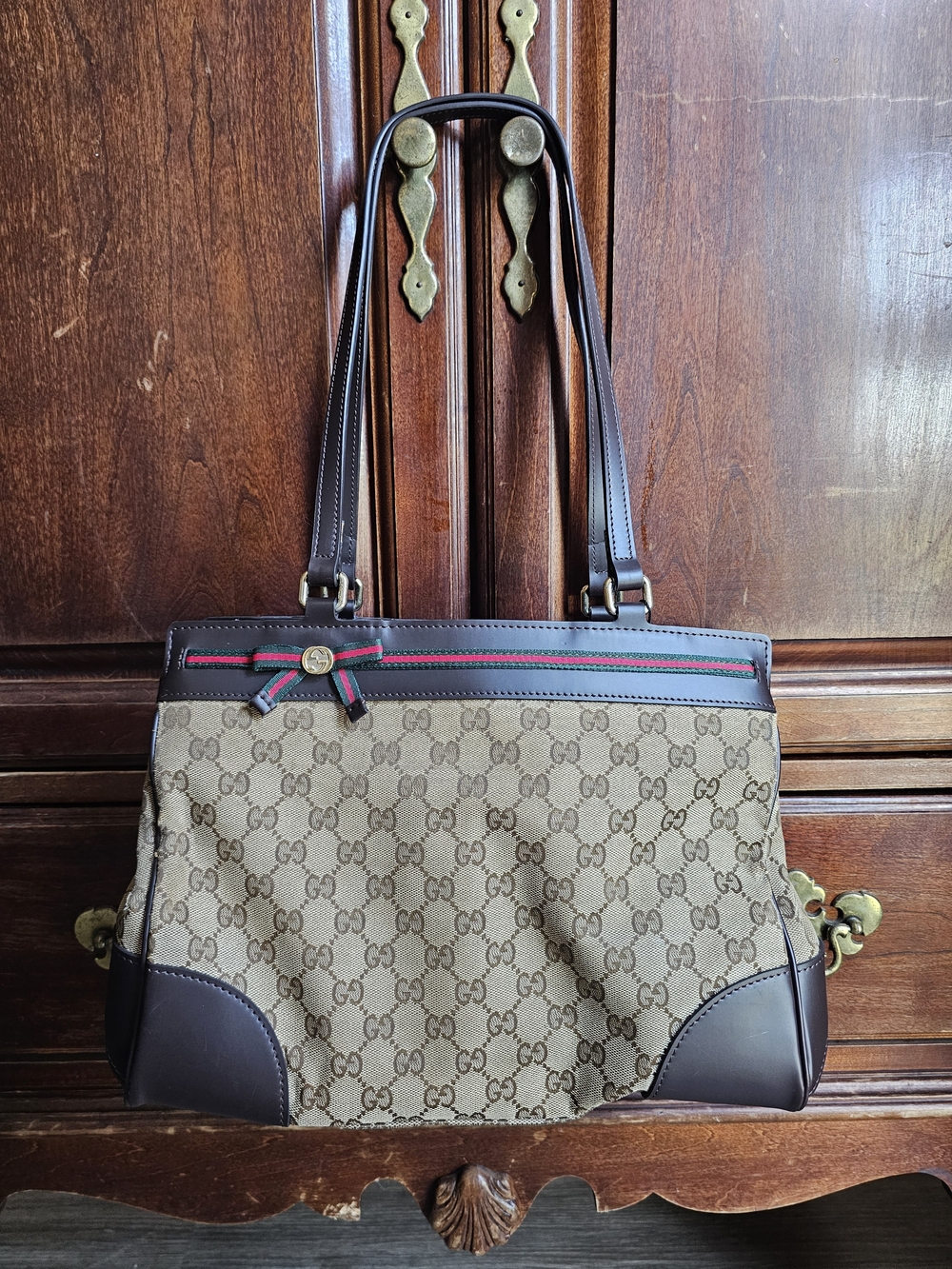 Gucci Brown GG Canvas Tote Bag with Leather Trim
